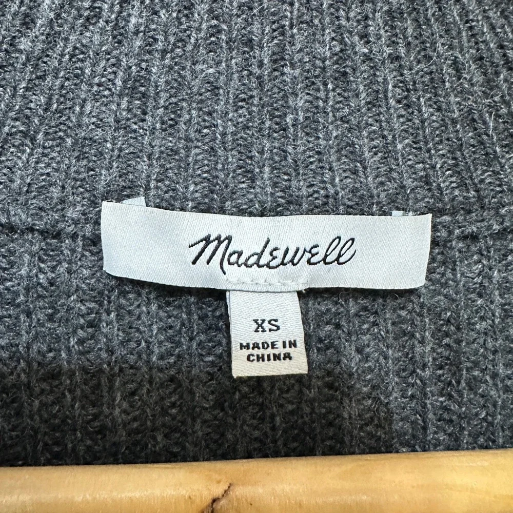 Madewell Quarter Zip Sweater Womens XS Charcoal Gray Merino Wool Ribbed Pullover